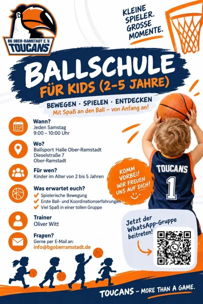 Flyer Ballschule für Kinder von 2 bis 5 Jahren der BG Ober-Ramstadt – samstags 9–10 Uhr in der Ballsport Halle Ober-Ramstadt